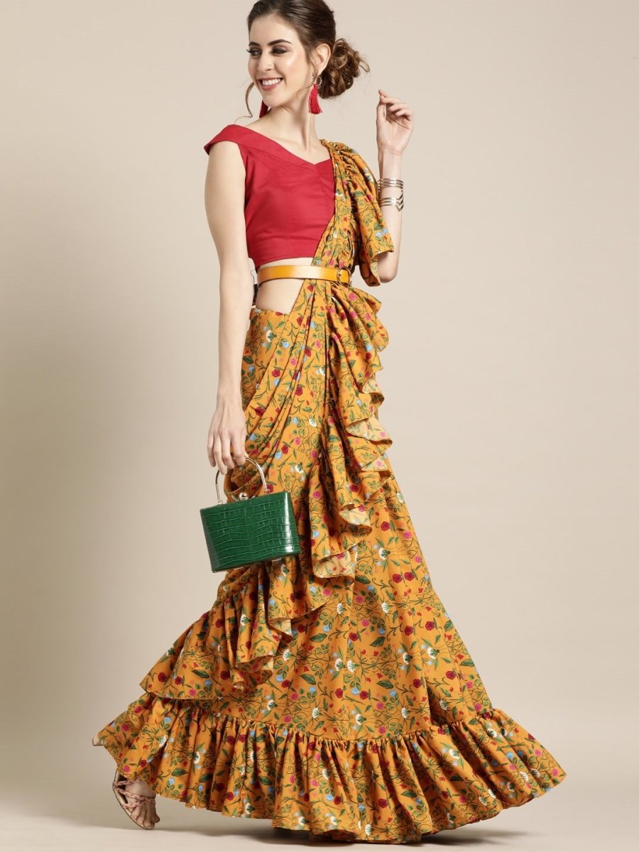 Mustard Poly Crepe Printed Party Wear Ruffle Saree - inddus-us