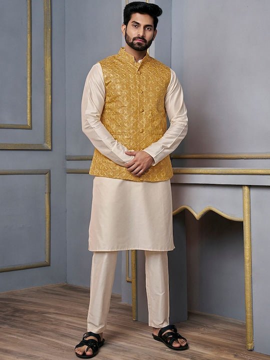 Mustard Woven Design Nehru Jacket - Inddus.com