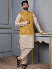 Mustard Woven Design Nehru Jacket - Inddus.com