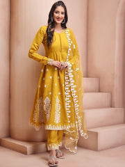 Mustard Yellow Embroidered Chanderi Cotton Anarkali Kurta & Trouser With Dupatta - Inddus.com