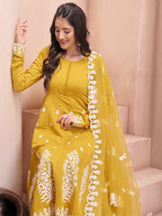 Mustard Yellow Embroidered Chanderi Cotton Anarkali Kurta & Trouser With Dupatta - Inddus.com