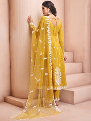 Mustard Yellow Embroidered Chanderi Cotton Anarkali Kurta & Trouser With Dupatta - Inddus.com