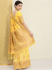Mustard Yellow Ethnic Motifs Zari Woven Embellished Saree - Inddus.com