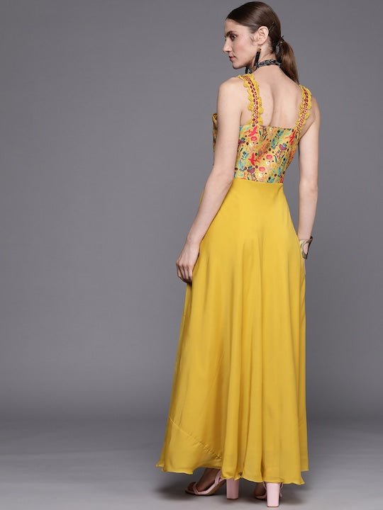 Mustard Yellow Floral Satin Ethnic A-Line Maxi Dress – Inddus.com