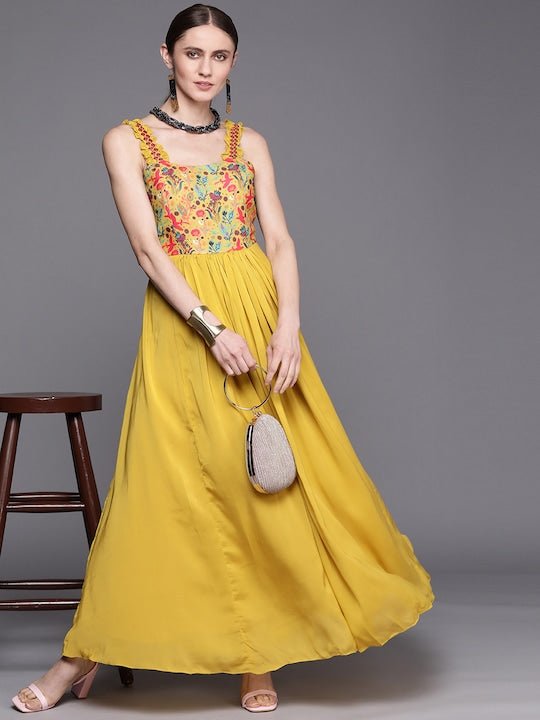 Mustard Yellow Floral Satin Ethnic A-Line Maxi Dress – Inddus.com