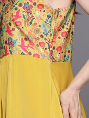 Mustard Yellow Floral Satin Ethnic A-Line Maxi Dress - Inddus.com