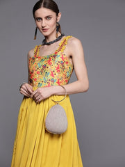 Mustard Yellow Floral Satin Ethnic A-Line Maxi Dress - Inddus.com