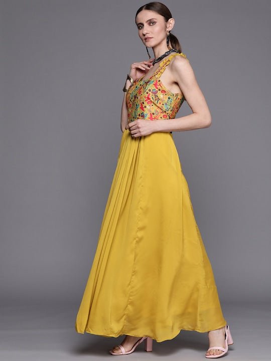 Mustard Yellow Floral Satin Ethnic A-Line Maxi Dress - Inddus.com