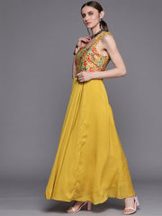 Mustard Yellow Floral Satin Ethnic A-Line Maxi Dress - Inddus.com