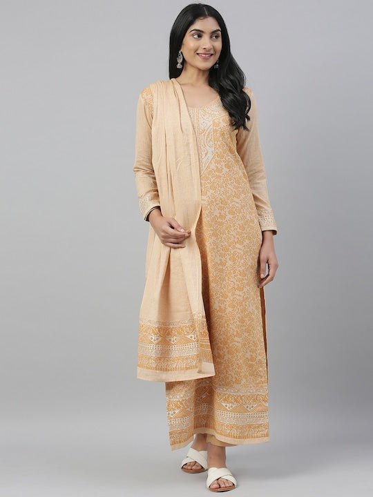 Mustard Yellow & Peach-Coloured Woven Design Handloom Unstitched Dress Material - Inddus.com
