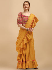 Mustard Yellow Ruffled Saree - Inddus.com