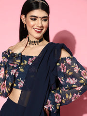 Nave Blue Lehenga Saree with Ruffle Pattern - Inddus.com