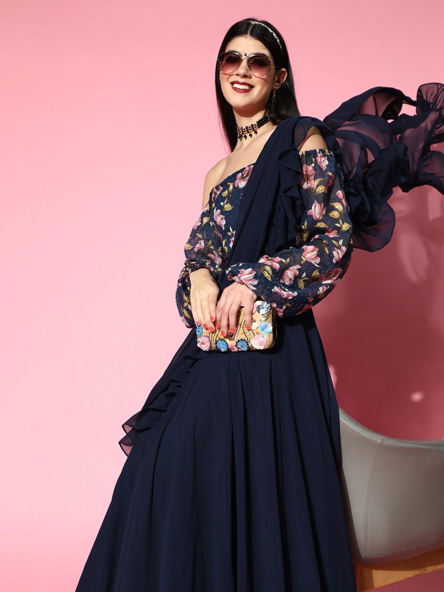 Nave Blue Lehenga Saree with Ruffle Pattern - Inddus.com