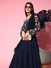 Nave Blue Lehenga Saree with Ruffle Pattern - Inddus.com