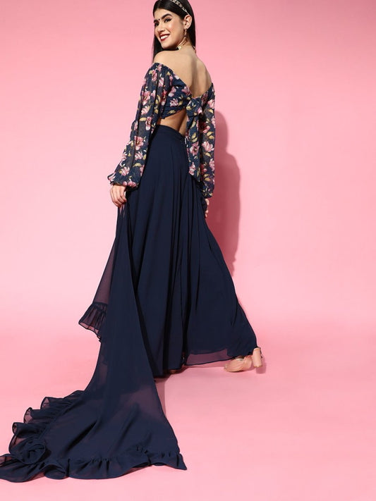 Nave Blue Lehenga Saree with Ruffle Pattern - Inddus.com