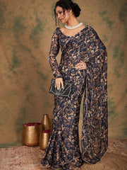 Navy blue and brown Floral Printed Saree