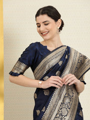 Navy Blue and Gold Ethic Motifs Zari Woven Traditional Saree - Inddus.com