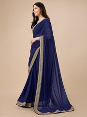 Navy Blue And Gold-Toned Embroidery Detailed Saree - Inddus.com