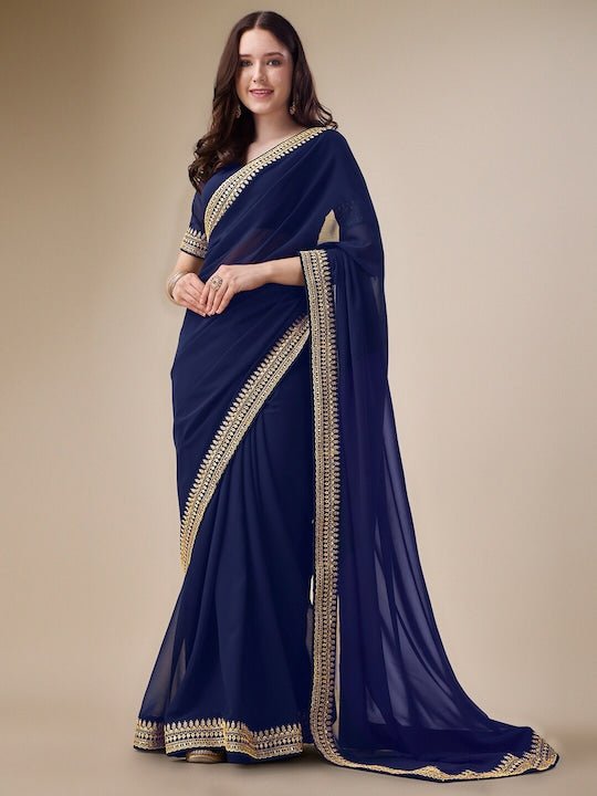 Navy Blue And Gold-Toned Embroidery Detailed Saree - Inddus.com