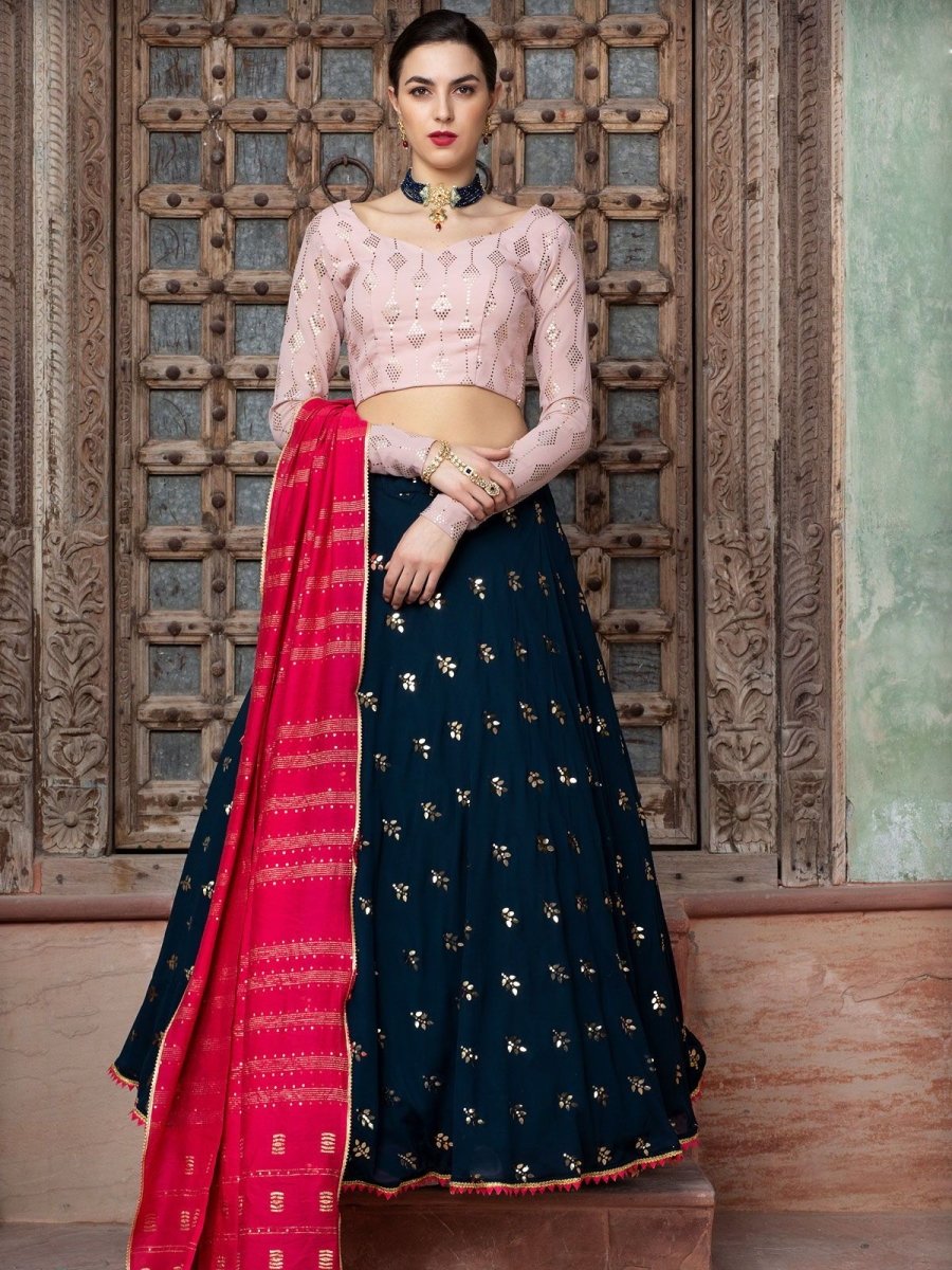 Navy Blue and Pink Georgette Embroidered Lehenga Choli - inddus-us
