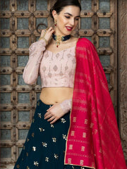 Navy Blue and Pink Georgette Embroidered Lehenga Choli - inddus-us