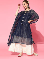 Navy Blue and Silver Stripped Extended Sleeves Kaftan Kurta - inddus-us