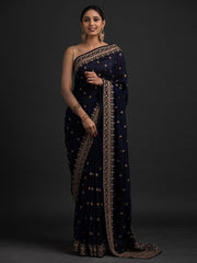 Navy Blue Art Silk Designer Saree - Inddus.com