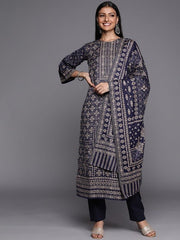 Navy Blue & Beige Printed Woven Pashmina Winter Wear Unstitched Dress Material - Inddus.com