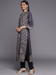 Navy Blue & Beige Printed Woven Pashmina Winter Wear Unstitched Dress Material - Inddus.com