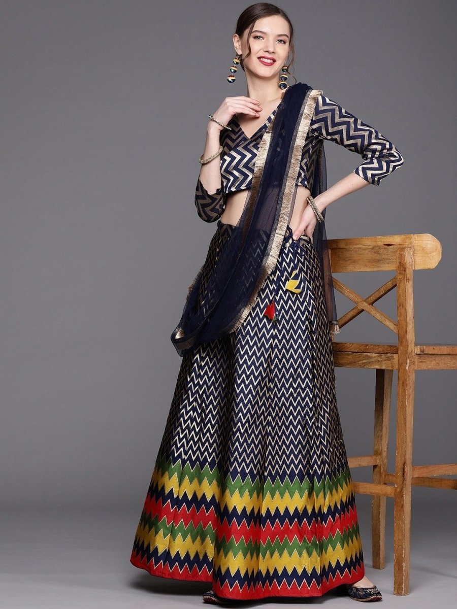 Navy Blue Brocade Woven Semi Stitched Lehenga with Blose and Net Dupatta - inddus-us