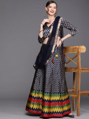 Navy Blue Brocade Woven Semi Stitched Lehenga with Blose and Net Dupatta - inddus-us