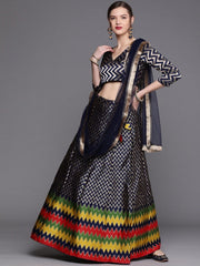 Navy Blue Brocade Woven Semi Stitched Lehenga with Blose and Net Dupatta - inddus-us
