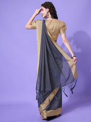 Navy Blue & Brown Woven Design Saree - Inddus.com