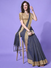 Navy Blue & Brown Woven Design Saree - Inddus.com