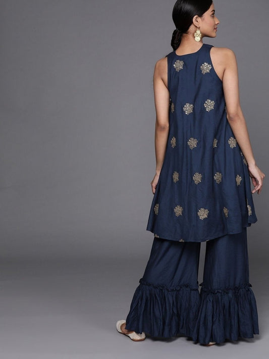 Navy Blue Chanderi Cotton Thread Work Palazzo Suit - inddus-us