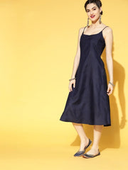 Navy Blue Embroidered Net Fit and Flare Dress - Inddus.com