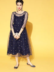 Navy Blue Embroidered Net Fit and Flare Dress - Inddus.com