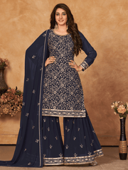 Navy Blue Embroidered Partywear Sharara Style Suit - Inddus.com