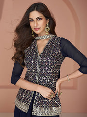 Navy Blue Embroidered Partywear Sharara-Style-Suit - Inddus.com