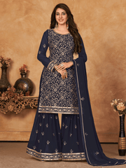 Navy Blue Embroidered Partywear Sharara Style Suit - Inddus.com