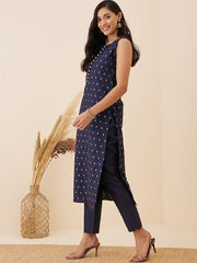 Navy blue Ethnic Motif Woven Design Straight Kurta with Trousers - Inddus.com