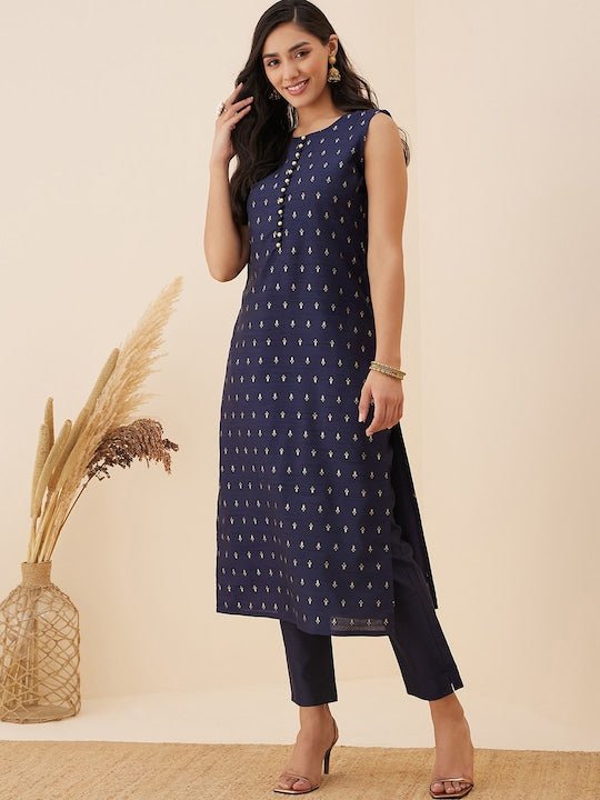 Navy blue Ethnic Motif Woven Design Straight Kurta with Trousers - Inddus.com