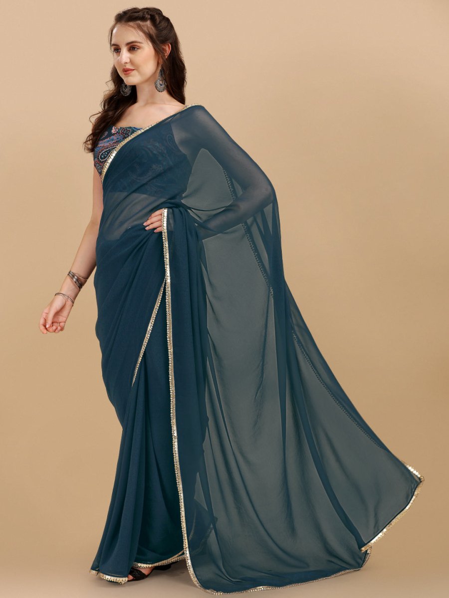 Navy Blue Ethnic Motifs Printed Georgette Saree - Inddus.com