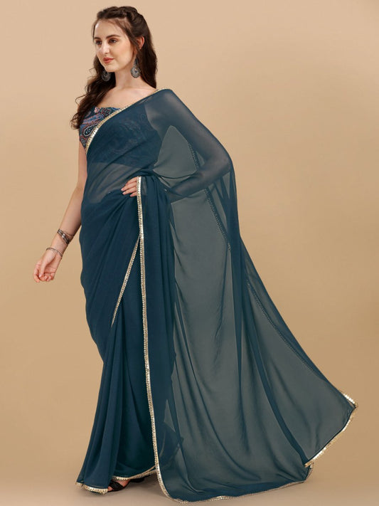 Navy Blue Ethnic Motifs Printed Georgette Saree - Inddus.com