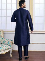 Navy Blue Ethnic Motifs Woven Design Kurta with Trousers - Inddus.com