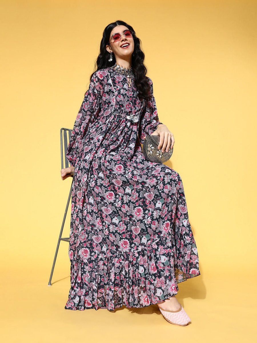 Navy Blue Fit and Flared Floral Printed Gown - Inddus.com