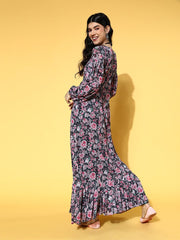 Navy Blue Fit and Flared Floral Printed Gown - Inddus.com