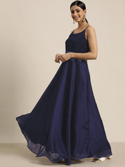 Navy Blue Fit and Flared Gown with Embellished Belt - Inddus.com