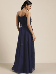 Navy Blue Fit and Flared Gown with Embellished Belt - Inddus.com