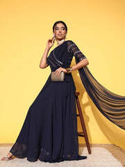 Navy Blue Floral Embroidered Georgette Maxi Draped Dress - Inddus.com